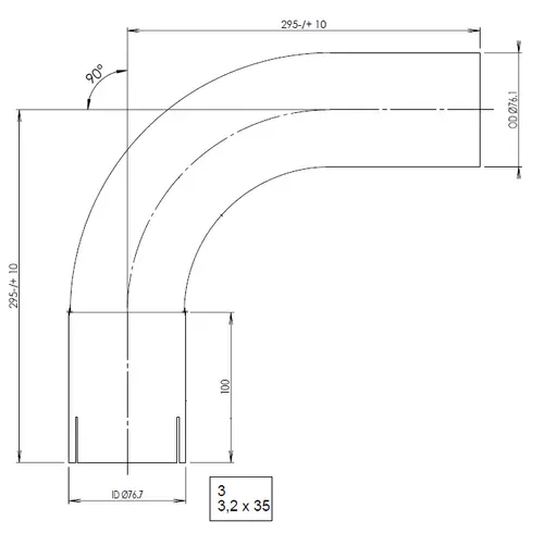 90ø Exhaust Bend, OD/ID=76.1/76.7, L=295, SS