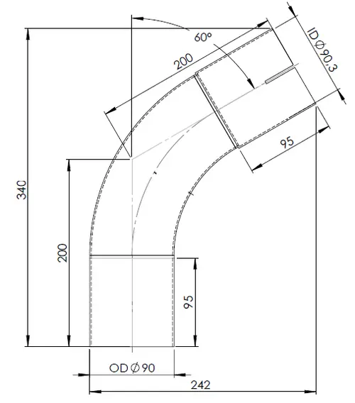 60ø Exhaust Bend, OD/ID=90/90.3, L=200, ALU