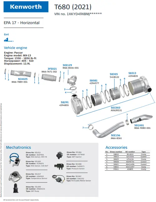 T680 (2021) - Horizontal for Kenworth, Engine: Paccar MX-13, EPA 17