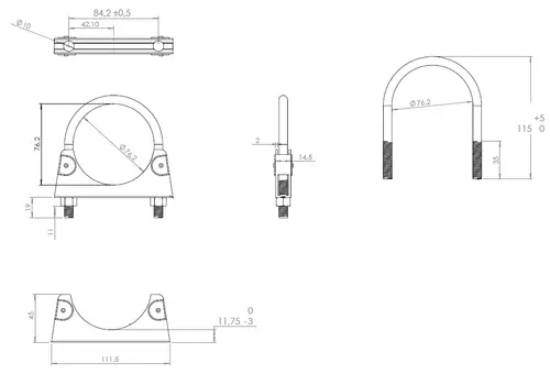 U-Bolt Clamp, Ø=76.2 / L=115, M8, ZINC