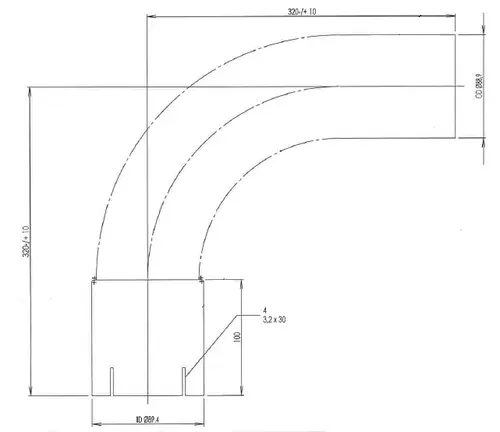90ø Exhaust Bend, OD/ID=88.90/89.40, L=320, SS