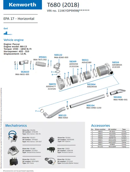 T680 (2018) - Horizontal for Kenworth, Engine: Paccar MX-13, EPA 17