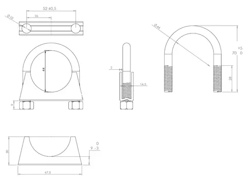 U-Bolt Clamp, Ø=44 / L=70, M8, ZINC