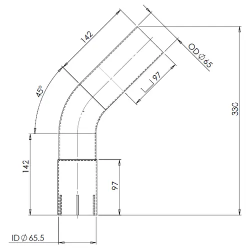 45ø Exhaust Bend, OD/ID=65/65.5 L=180, ALU