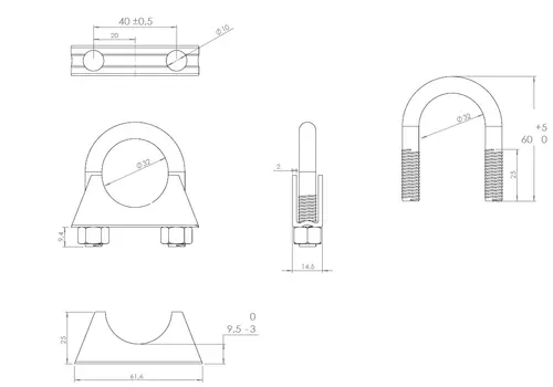 U-Bolt Clamp, Ø=32 / L=60, M8, ZINC
