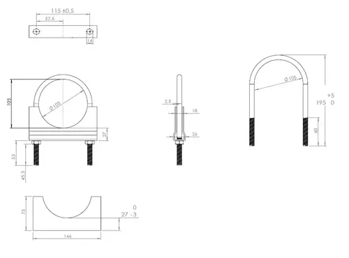 U-Bolt Clamp for Volvo, Ø=105/L=195 mm, M10, ZINC