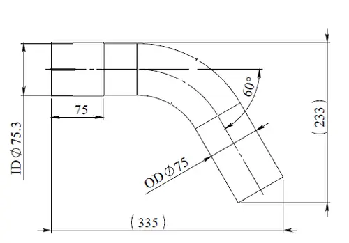 60ø Exhaust Bend, OD/ID=75/75.3, L=250, ALU
