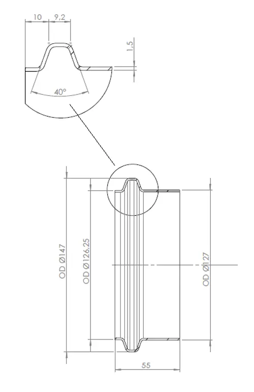Pipe Connection Male, Ø=127 / L=55 mm, INOX