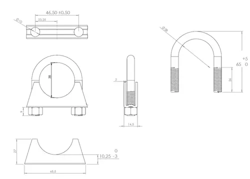U-Bolt Clamp, Ø=38 / L=65, M8, ZINC