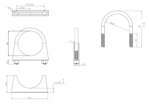 U-Bolt Clamp, Ø=65 / L=95, M8, ZINC