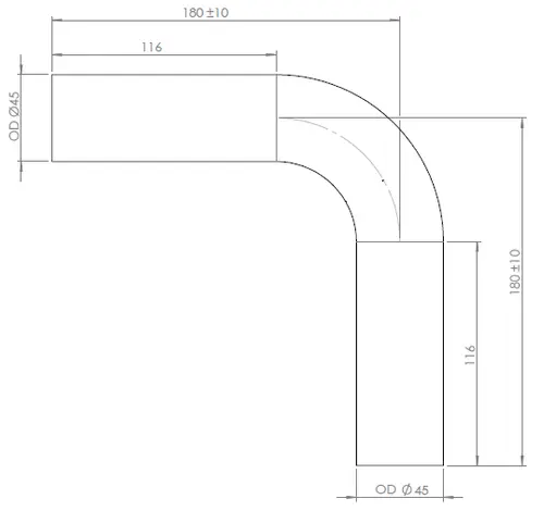 90ø Exhaust Bend, OD=45 / L=180, ALU