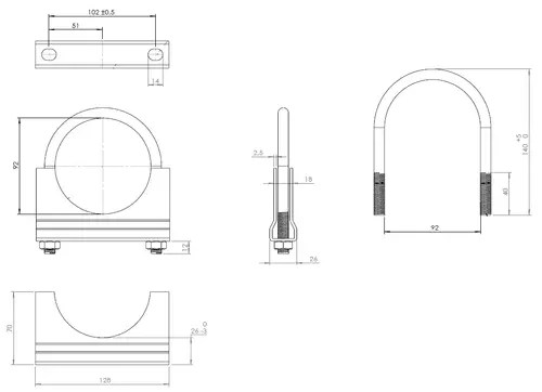 U-Bolt Clamp, Ø=92/L=140 mm, M10, ZINC