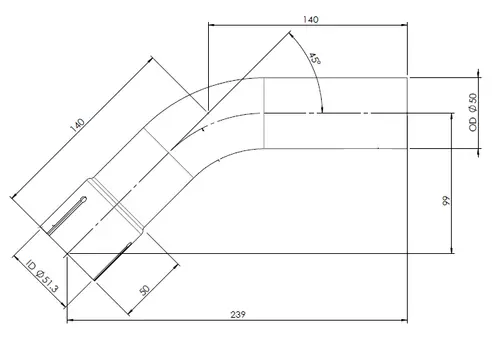 45ø Exhaust Bend, OD/ID=50/51.3 L=140, ALU