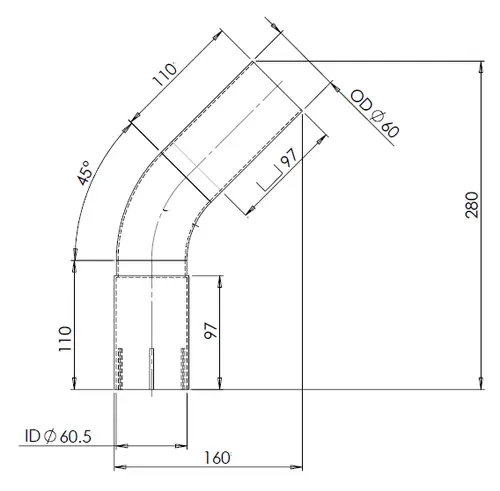 45ø Exhaust Bend, OD/ID=60/60.5 L=150, ALU
